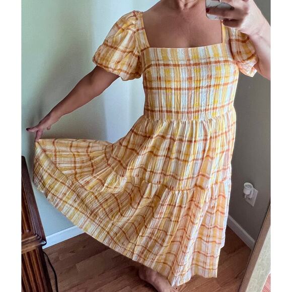 Astr The Label Anthropologie IIana Puff Sleeve Prarie Yellow Plaid Dress - Picture 3 of 17